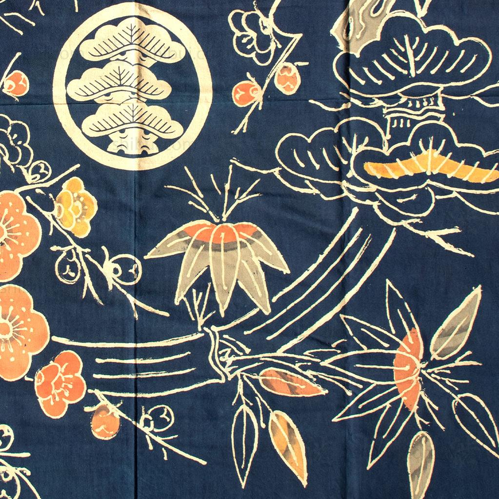 Never Used Tsutsugaki Furoshiki with Lucky Symbols and Mon from Okinawa.